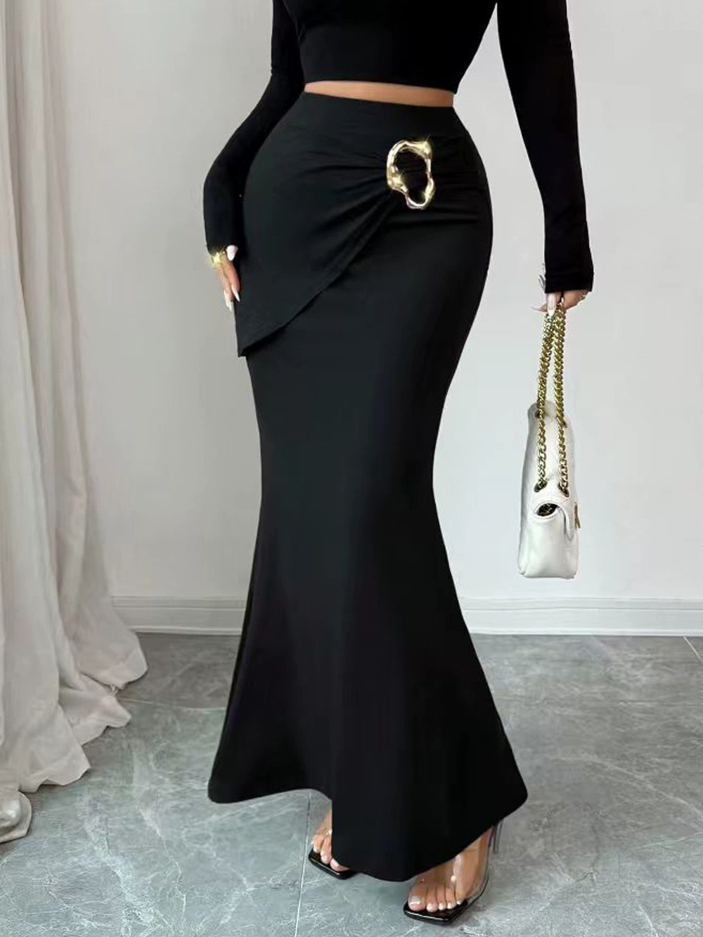 ZARA Summer Solid Color Chic Sexy Metal Accent Bodycon Mermaid Skirt